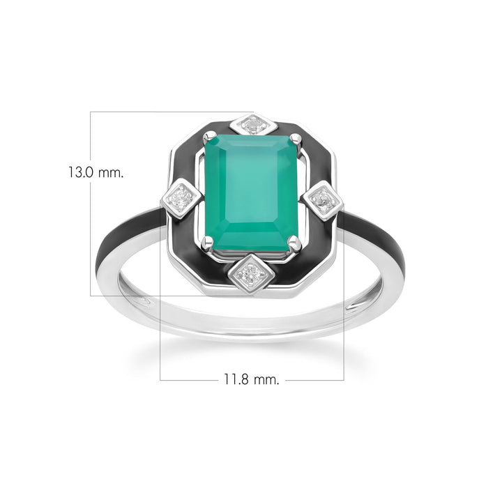 Grand Deco Ring aus Sterlingsilber mit schwarzem Emaille, grünem Chalcedon und Topas
