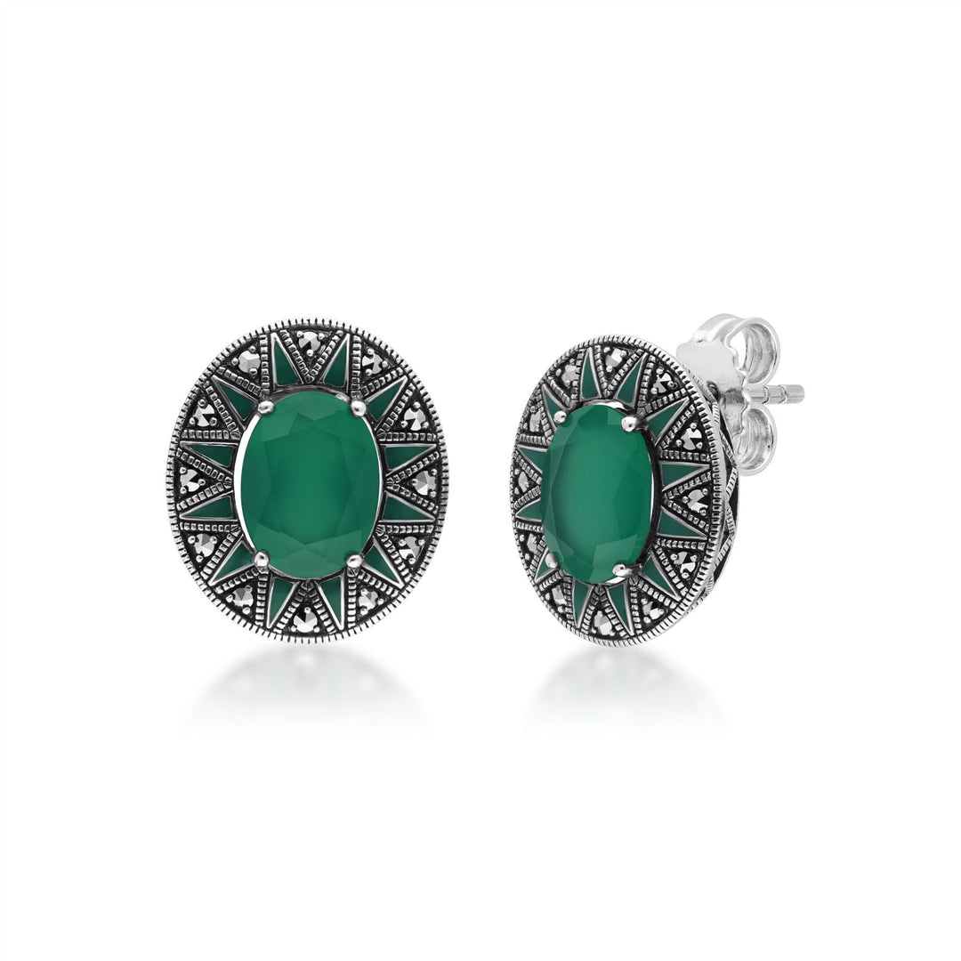 Ovale Ohrstecker aus Chalcedon und Markasit im Art-Deco-Stil