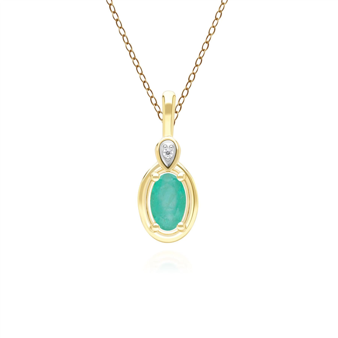 Klassische Halskette mit ovalem Smaragd- und rundem Diamantanhänger aus 9 Karat Gelbgold
