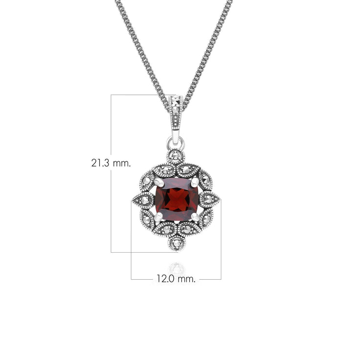 Halskette mit Anhänger im Art-Deco-Stil mit Granat- und Markasit-Kissen in Sterlingsilber