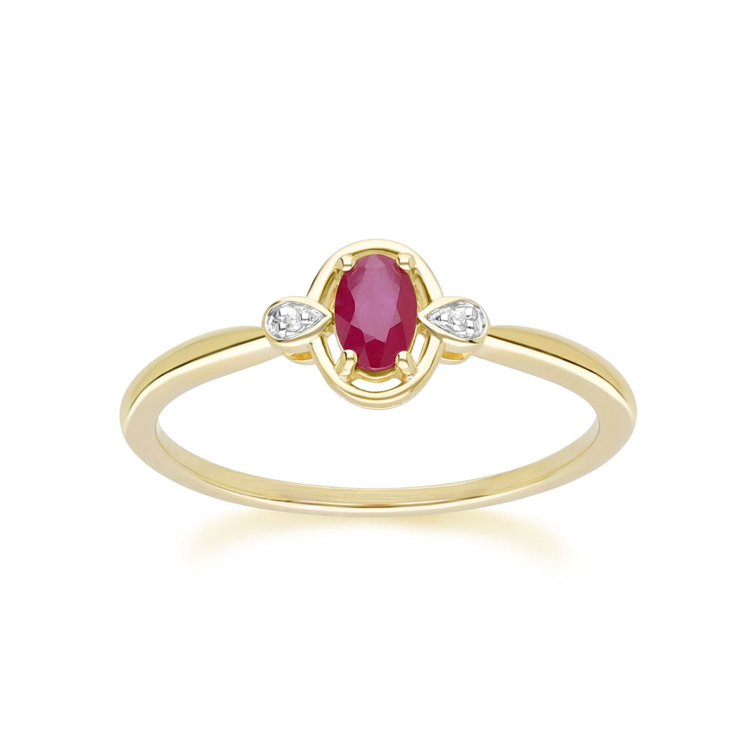 Klassischer ovaler Rubin- und runder Diamantring aus 9 Karat Gelbgold
