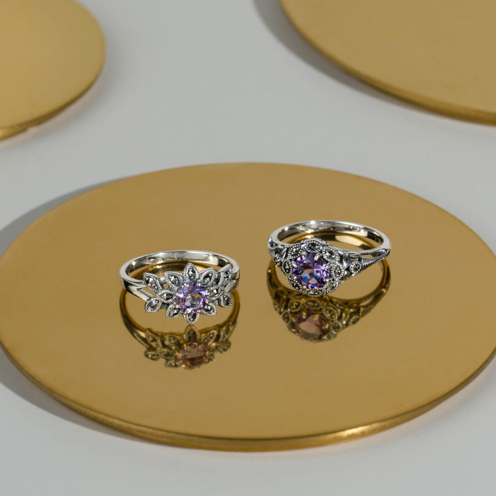 Runder Blumenring im Jugendstil mit Amethyst und Markasit aus 925er Sterlingsilber