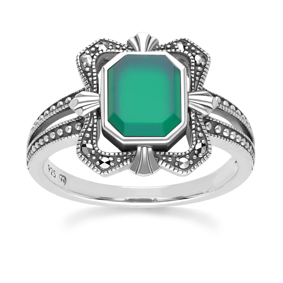 Art Deco Style Baguette Chalcedony and Marcasite Ring in Sterling Silver 214R642301925
