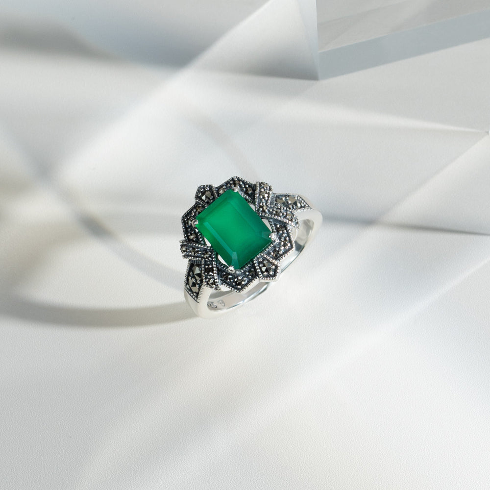 Art Deco Style Baguette Green Chalcedony & Marcasite Ring in 925 Sterling Silver flatlay