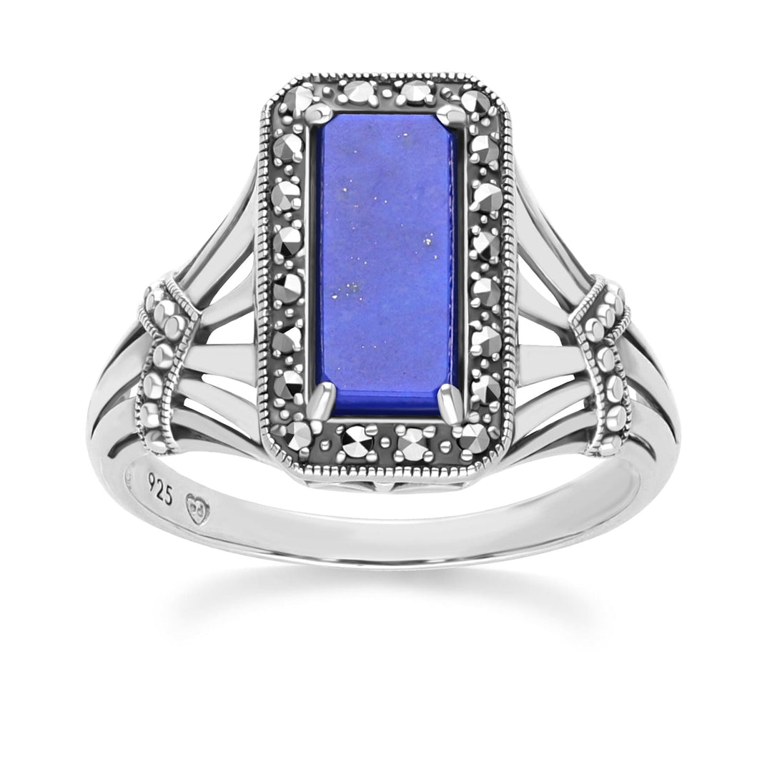 Art Deco Style Octagon Lapis Lazuli and Marcasite Ring in Sterling Silver 214R642002925