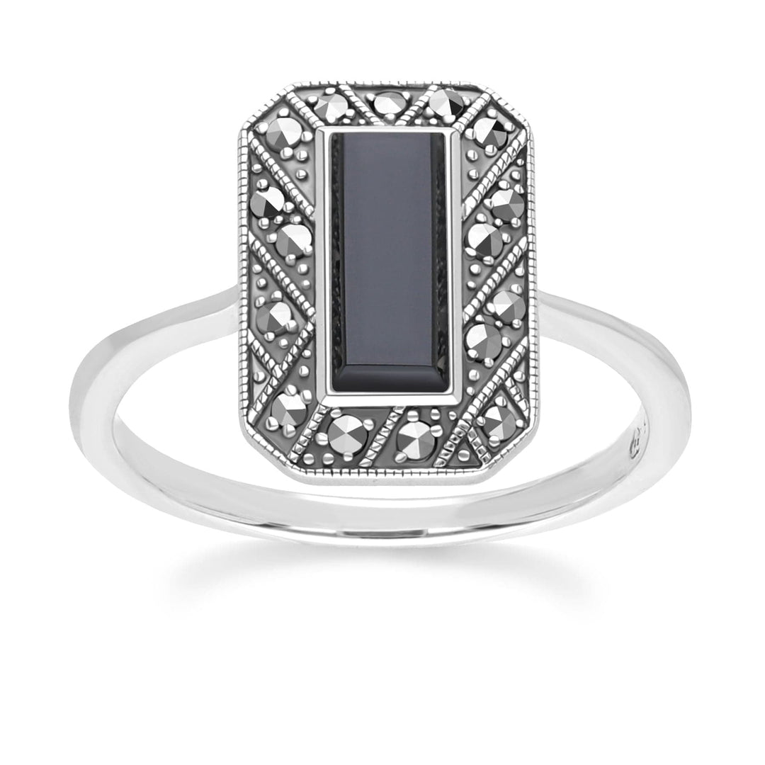 Art Deco Style Rectangle Onyx and Marcasite Ring in Sterling Silver 214R641902925