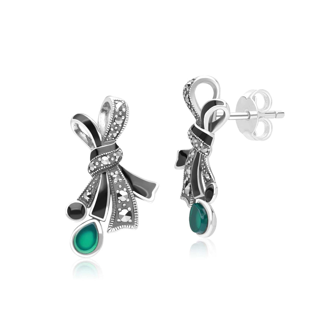 Art Nouveau Style Marcasite, Chalcedony and Black Enamel Ribbon Bow Stud Earrings in Sterling Silver 214E935801925