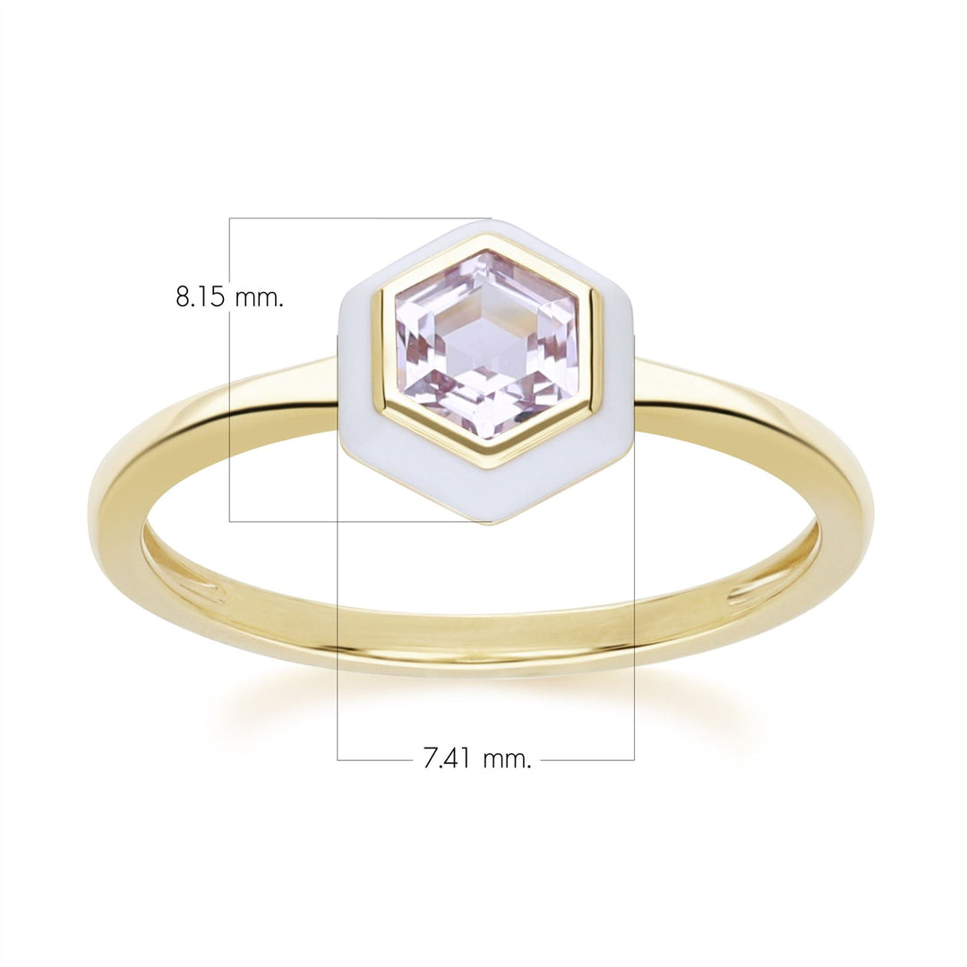 Geometric Hex Pink Amethyst and White Enamel Ring in Gold Plated Sterling Silver Dimensions