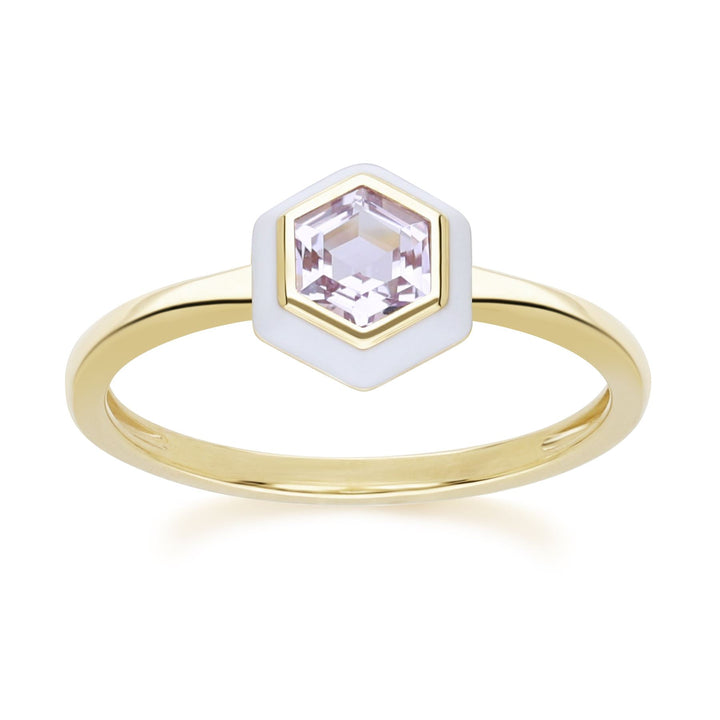 Geometric Hex Pink Amethyst and White Enamel Ring in Gold Plated Sterling Silver Front