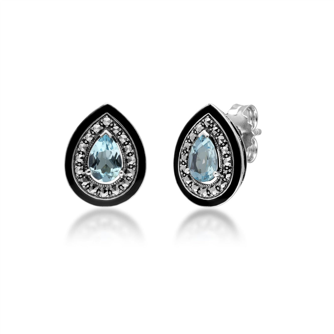Ohrstecker im Art-Deco-Stil mit blauem Topas und Markasit im Birnenschliff