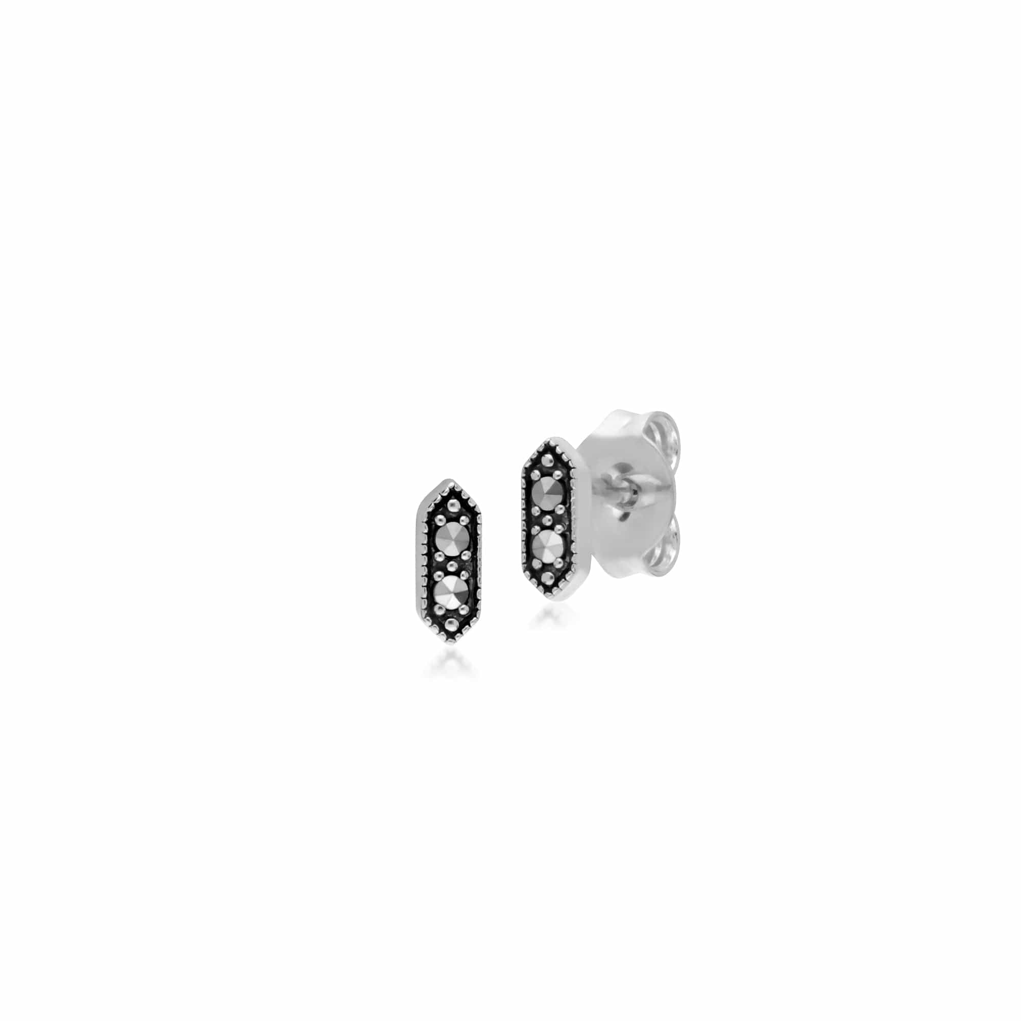 Geometric Round Marcasite Hexagon Stud Earrings in 925 Sterling Silver - Gemondo