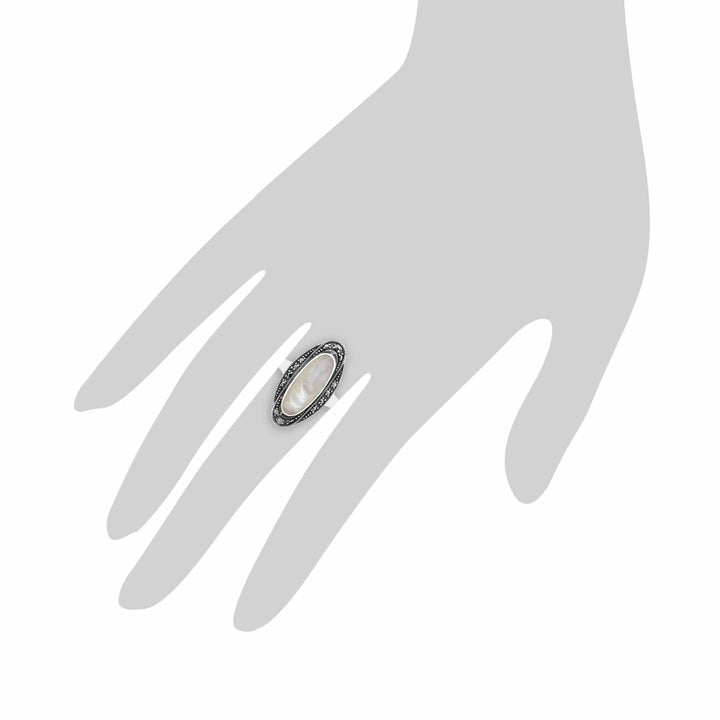 214R016103925 Art Deco Style Mother of Pearl Cabochon & Marcasite Ring in 925 Sterling Silver  3
