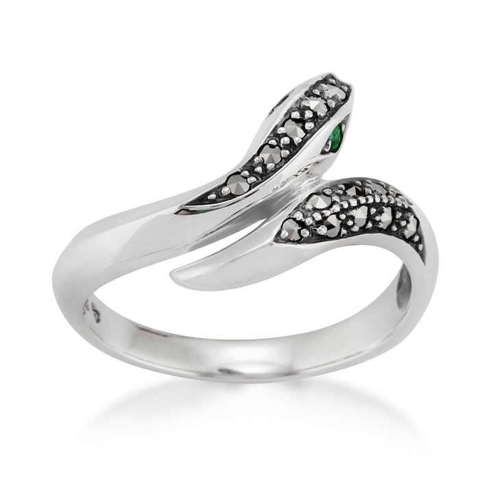 Art Nouveau Style Round Emerald & Marcasite Snake Ring in 925 Sterling Silver - Gemondo
