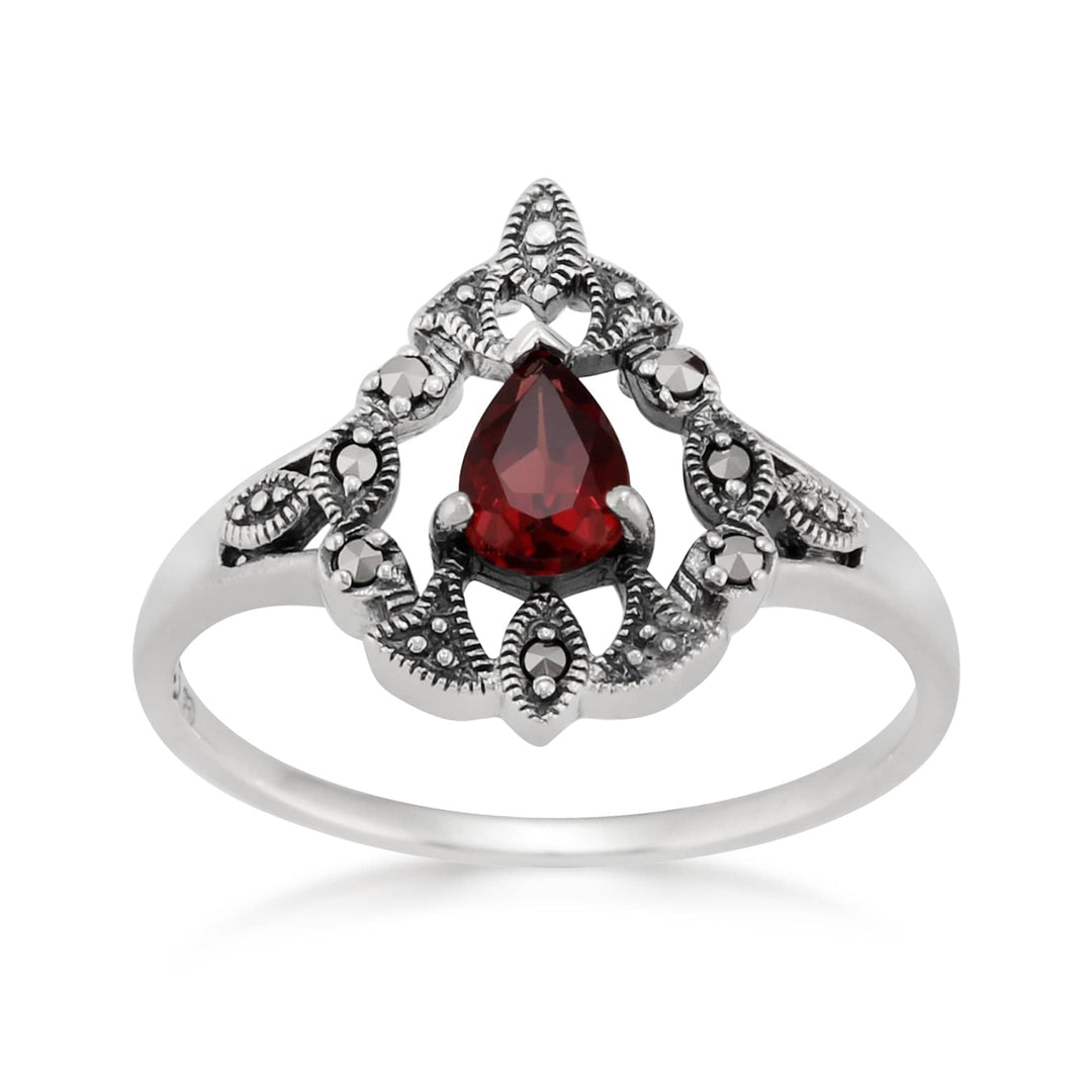 Victorian Style Pear Garnet & Marcasite  Garland Statement Ring in Silver - Gemondo