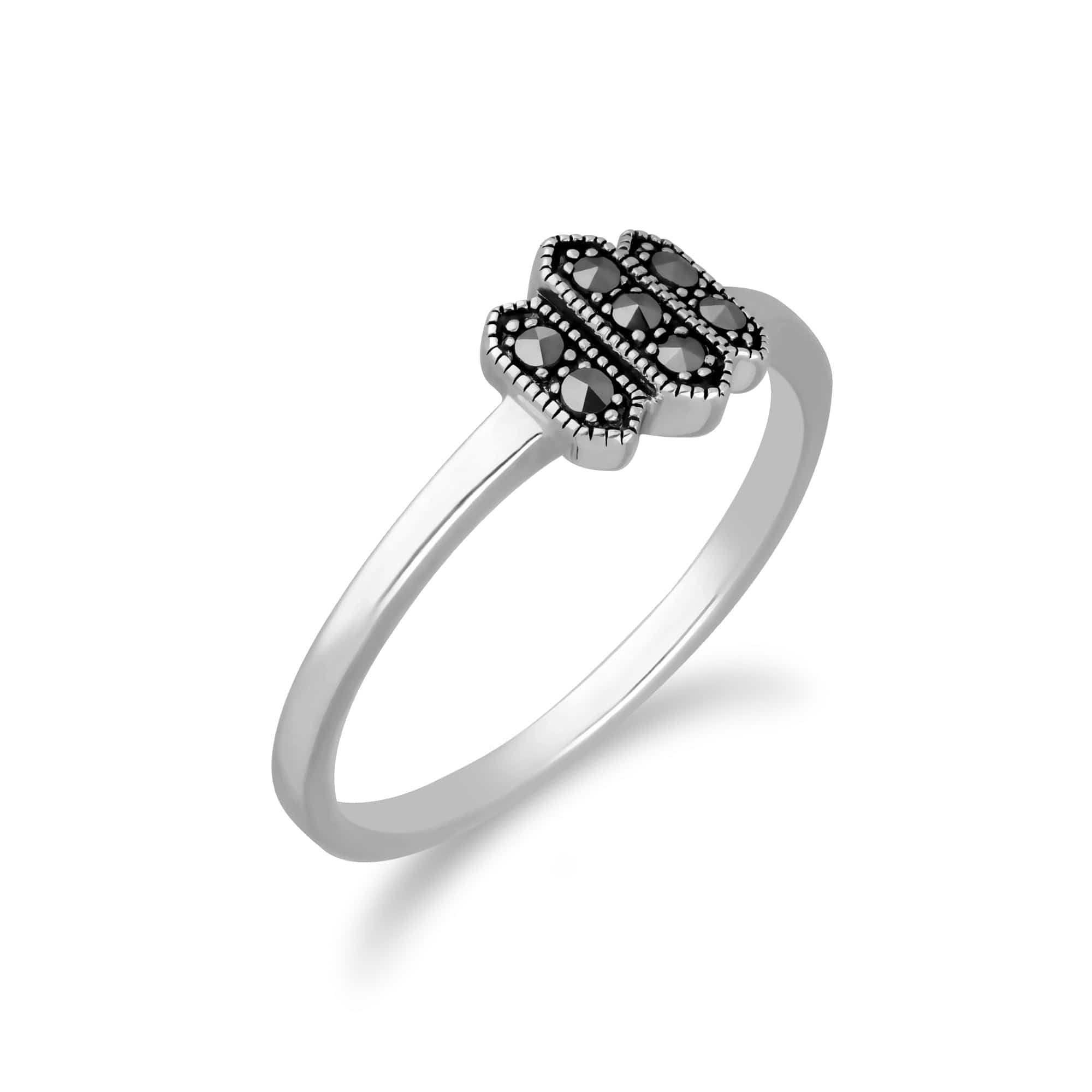 Art Deco Style Round Marcasite Triple Hexagon Ring in 925 Sterling Silver - Gemondo