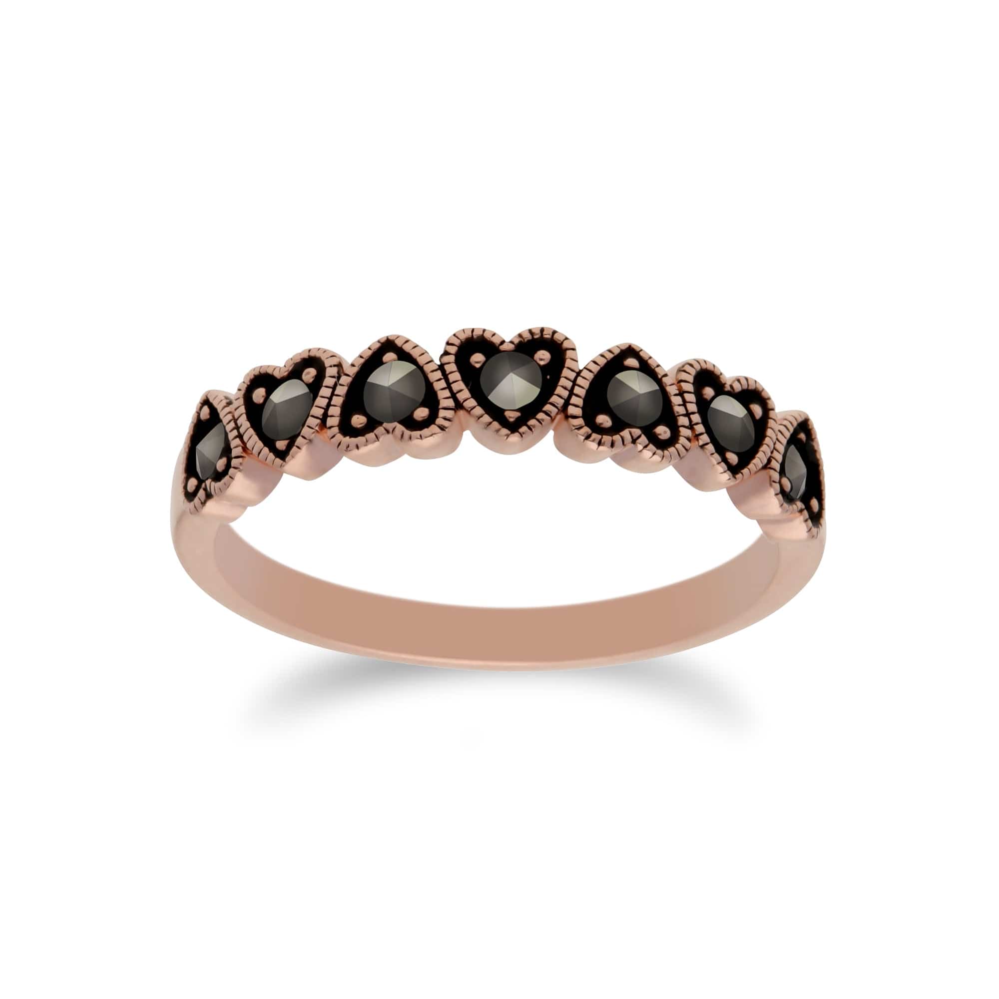 Rose Gold Plated Round Marcasite Heart Half Eternity Ring in 925 Sterling Silver - Gemondo