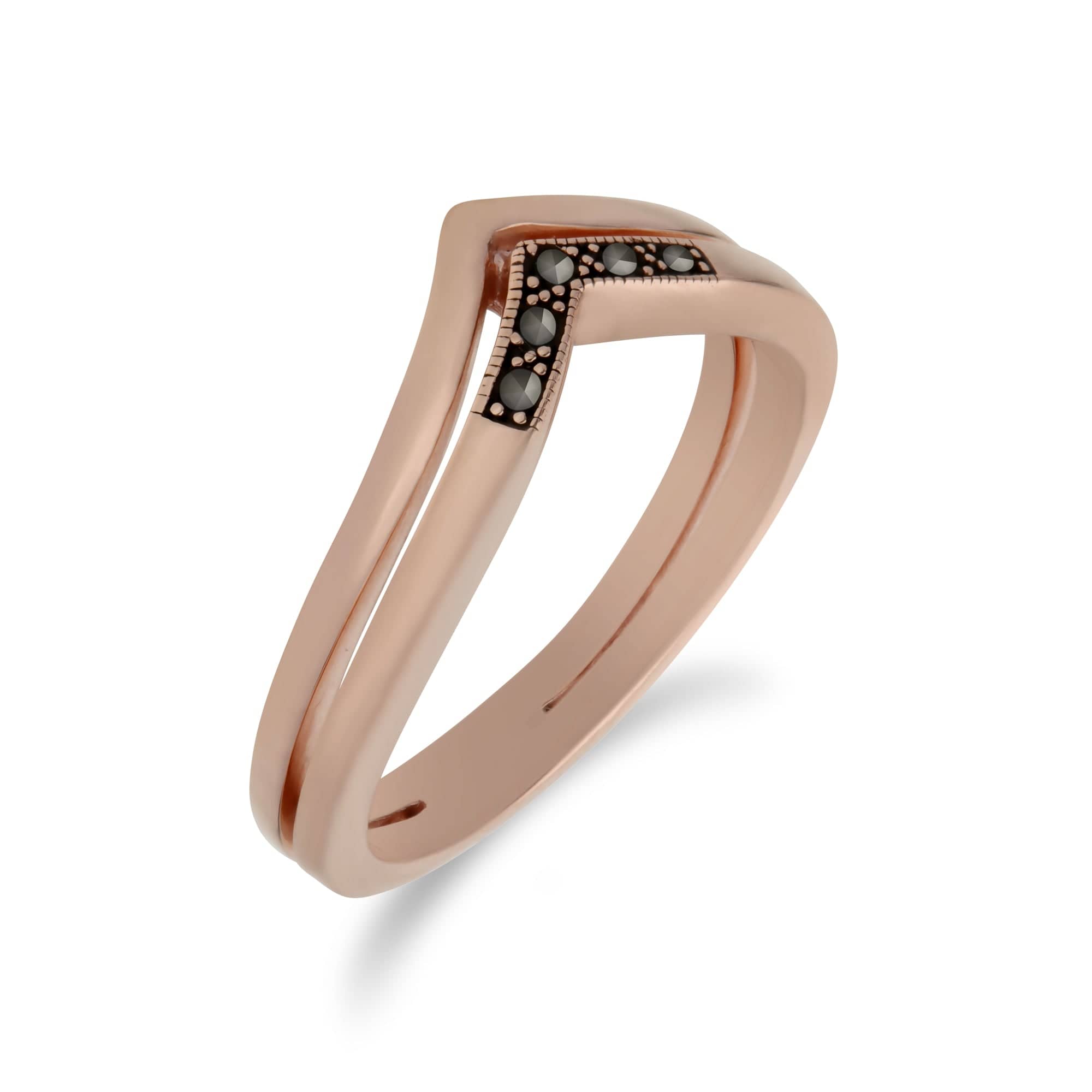 Rose Gold Plated Silver Marcasite Triangle Point Double Design Ring - Gemondo