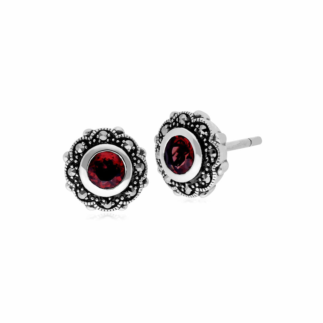 Art Nouveau Style Round Garnet & Marcasite Floral Stud Earrings in 925 Sterling Silver
