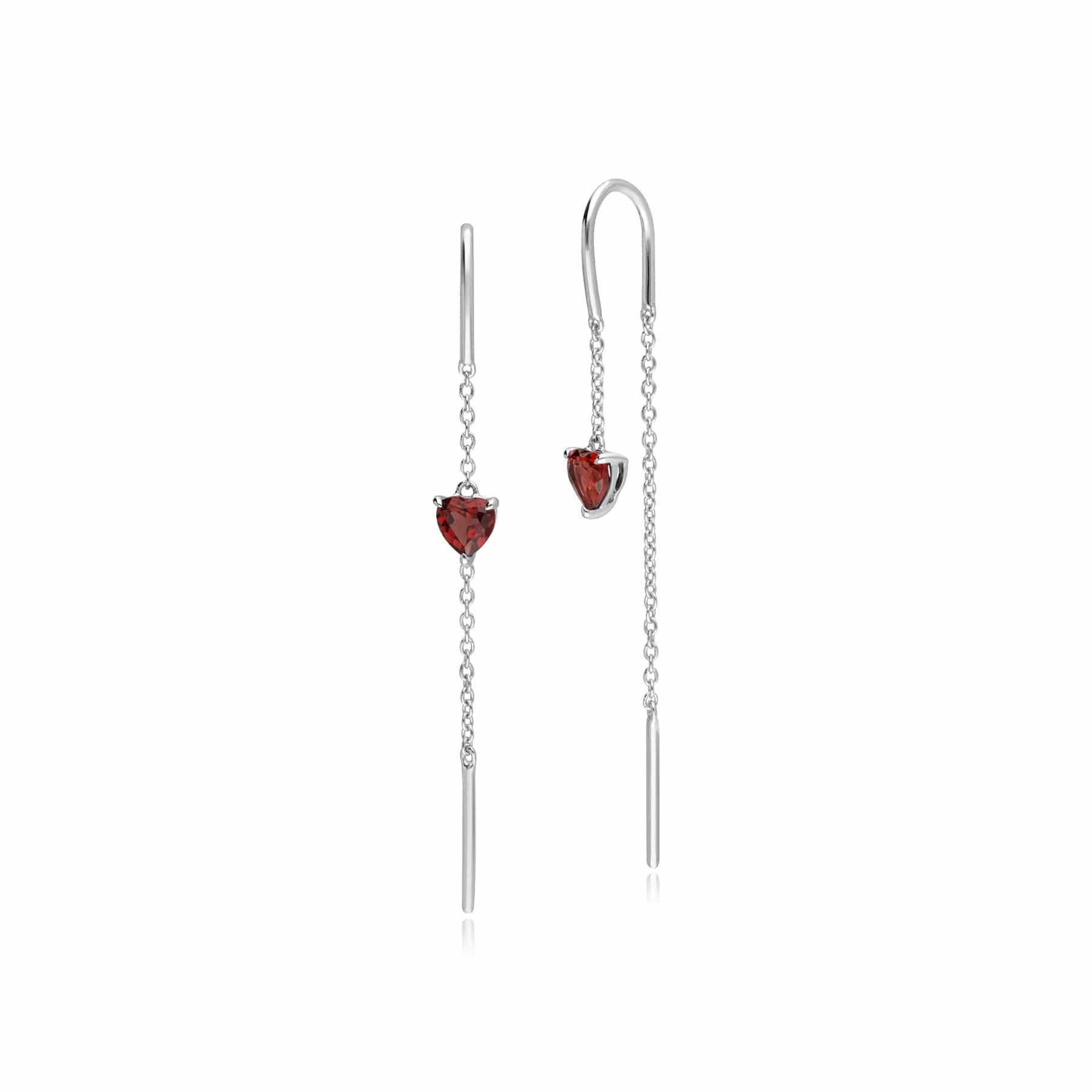 Red Garnet Gemstone Heart Pull through Chain Threader Earrings in 9ct White Gold