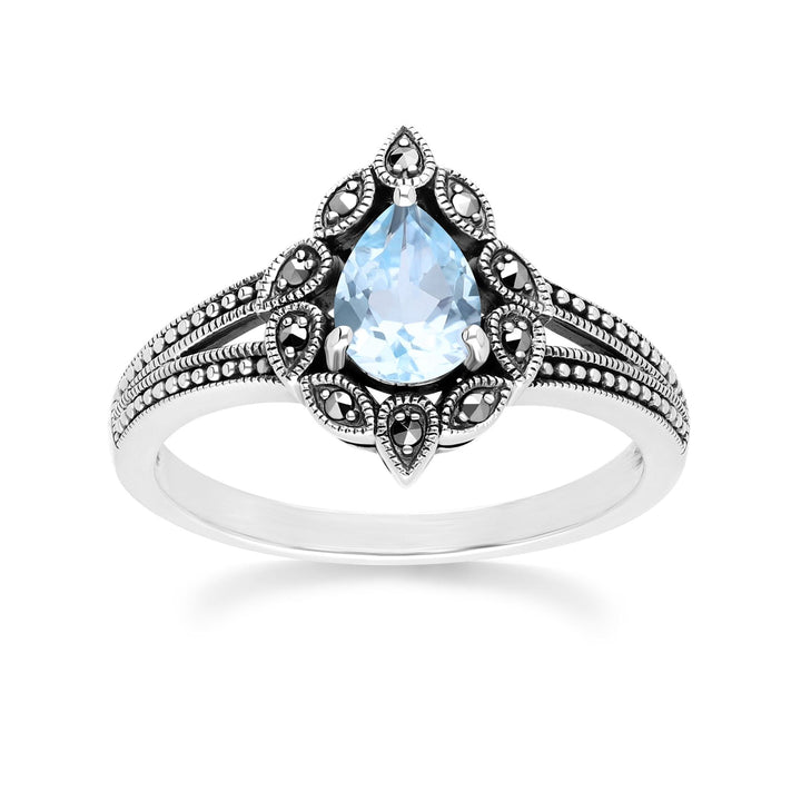 Birnenförmiger Ring aus blauem Topas und Markasit im Art-Deco-Stil aus Sterlingsilber