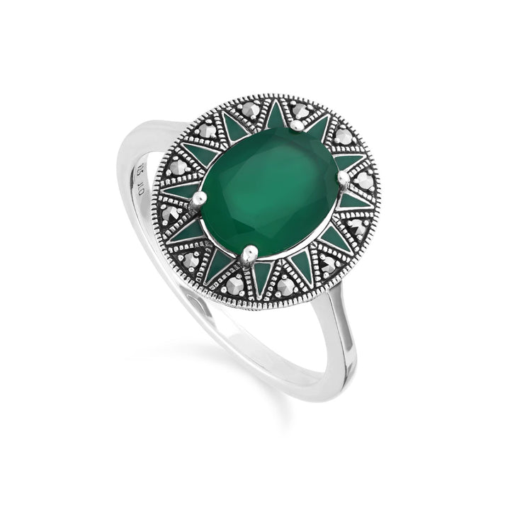 Ovaler Ring aus Chalcedon und Markasit im Art-Deco-Stil