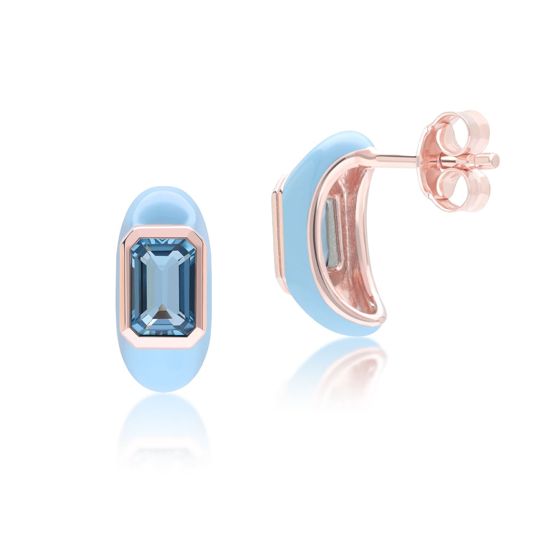 Halbe Creolen „Siberian Waltz“ aus blauem Emaille und achteckigem himmelblauem Topas in Roségold-Vermeil