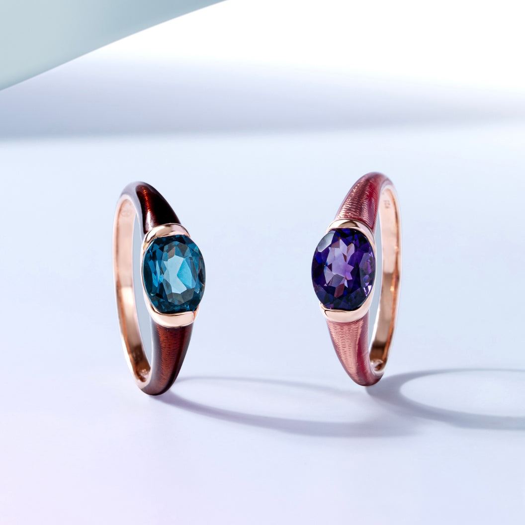 Siberian waltz Oval amethyst with violet enamelled half-bezel ring in rose gold vermeil sterling silver