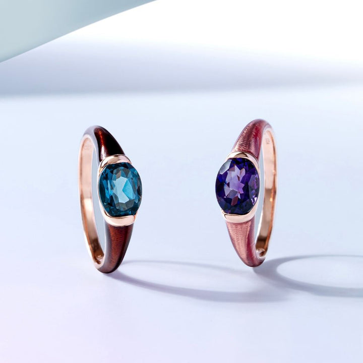 Siberian waltz Oval amethyst with violet enamelled half-bezel ring in rose gold vermeil sterling silver