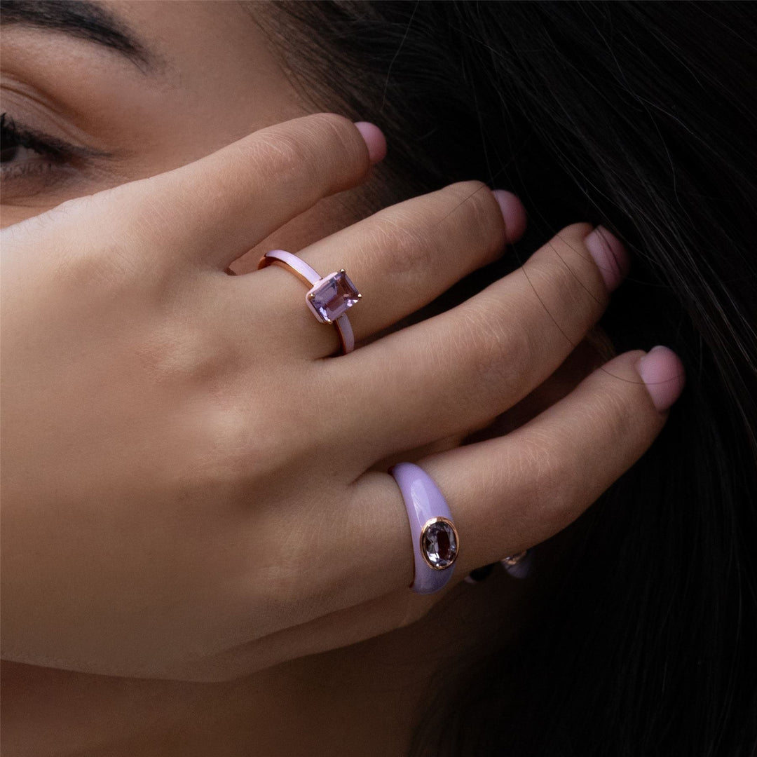 Siberian Waltz Ring aus violetter Emaille und achteckigem rosa Amethyst in Roségold-Vermeil
