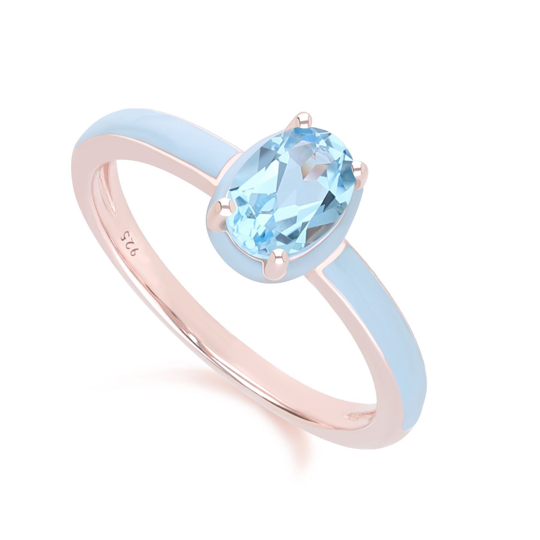 Siberian Waltz Blue Enamel & Oval Sky Blue Topaz Ring In Rose Gold Vermeil