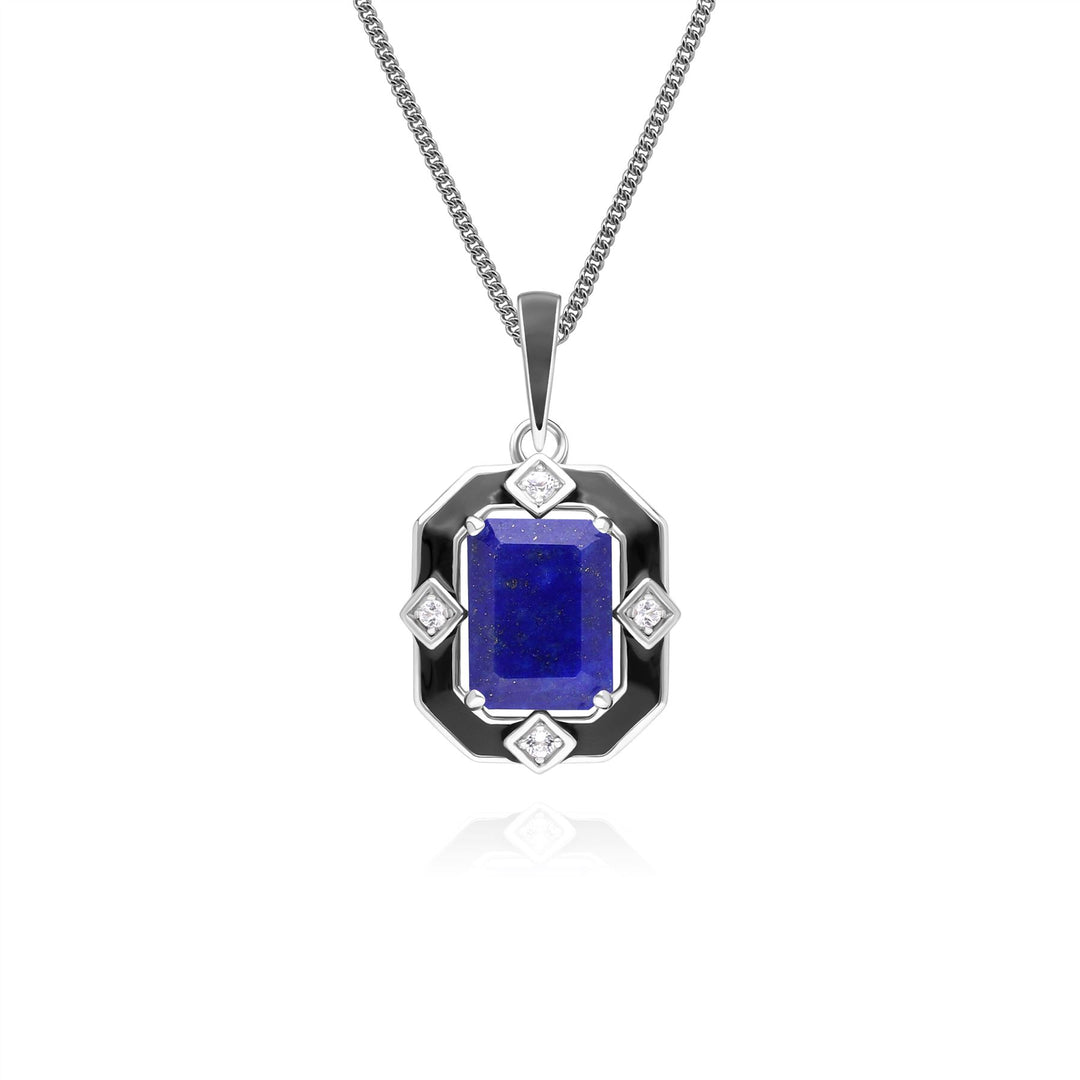 Grand Deco Halskette mit Anhänger aus Sterlingsilber mit schwarzem Emaille, Lapislazuli und Topas