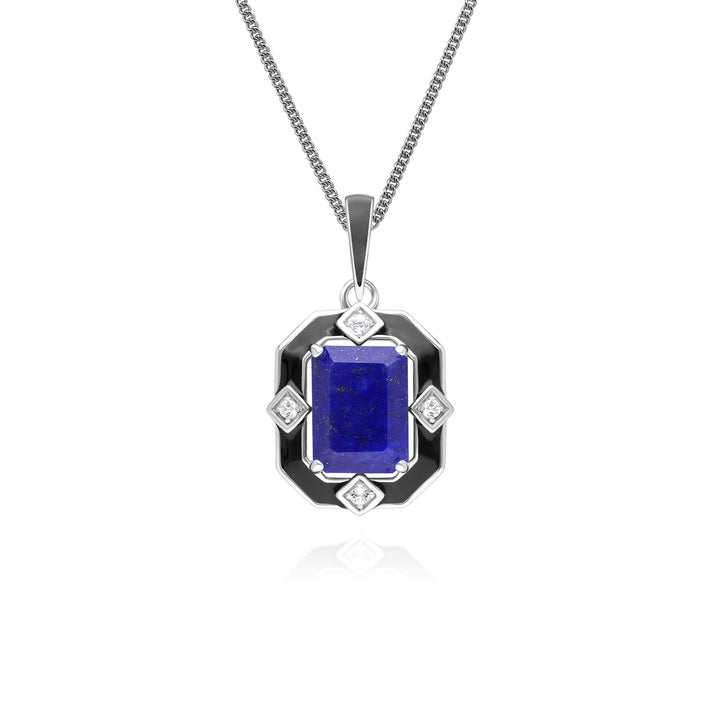 Grand Deco Halskette mit Anhänger aus Sterlingsilber mit schwarzem Emaille, Lapislazuli und Topas