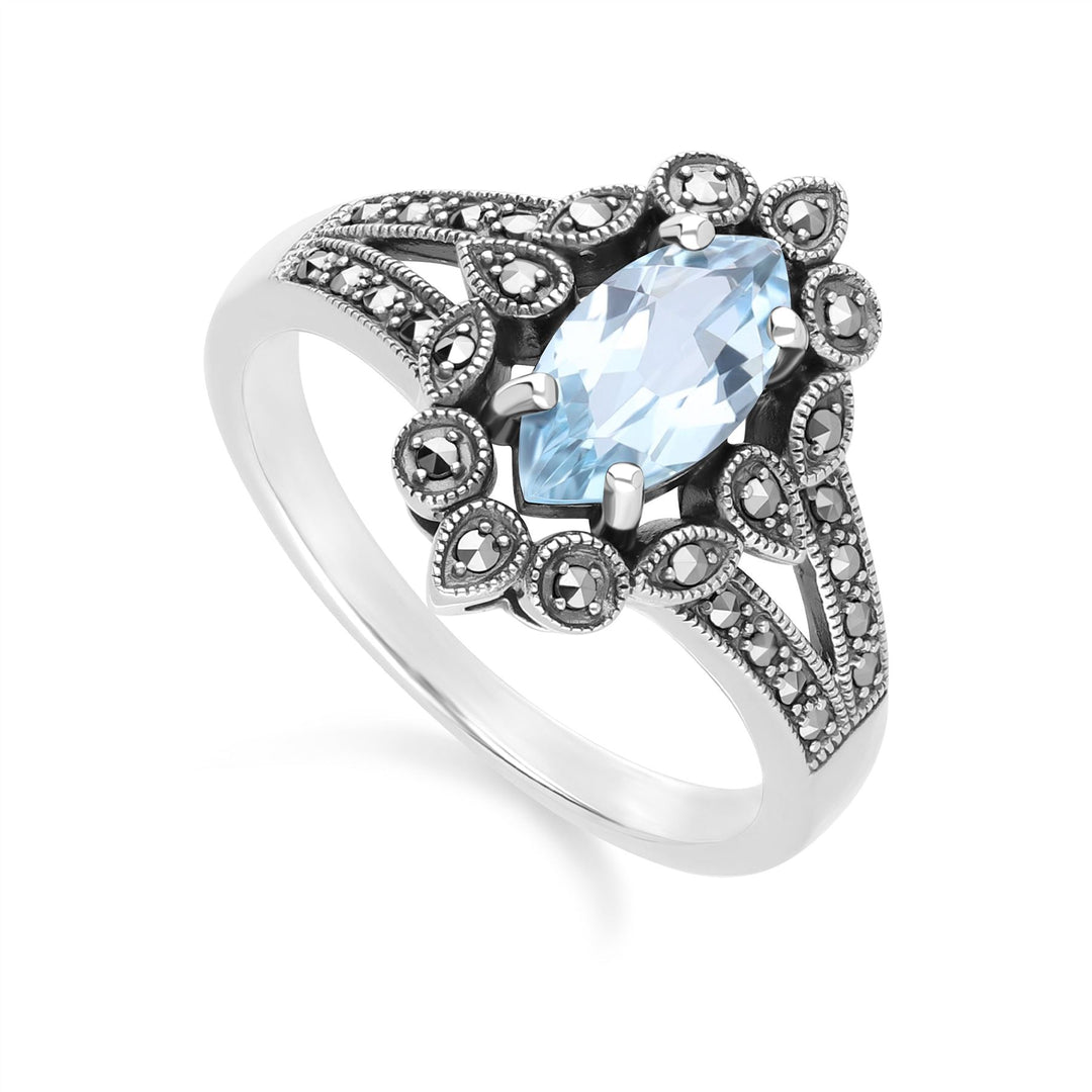Art-Deco-Ring mit blauem Topas und Markasit im Marquise-Stil aus Sterlingsilber