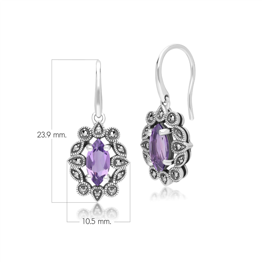 Marquise-Ohrringe aus Amethyst und Markasit im Art-Deco-Stil aus Sterlingsilber