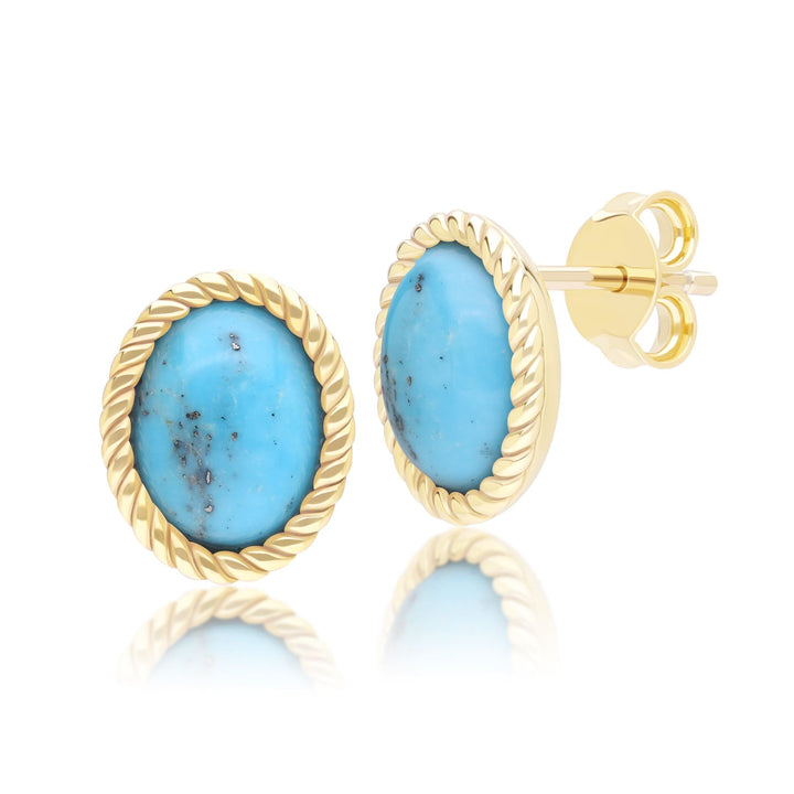 Klassische ovale Ohrstecker mit Türkis-Cabochon, Gelbgold 9 Karat