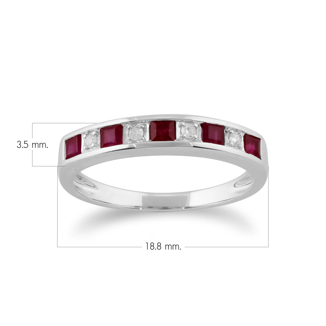 Klassischer halber Ewigkeitsring mit quadratischen Rubinen und Diamanten, 9 Karat Weißgold