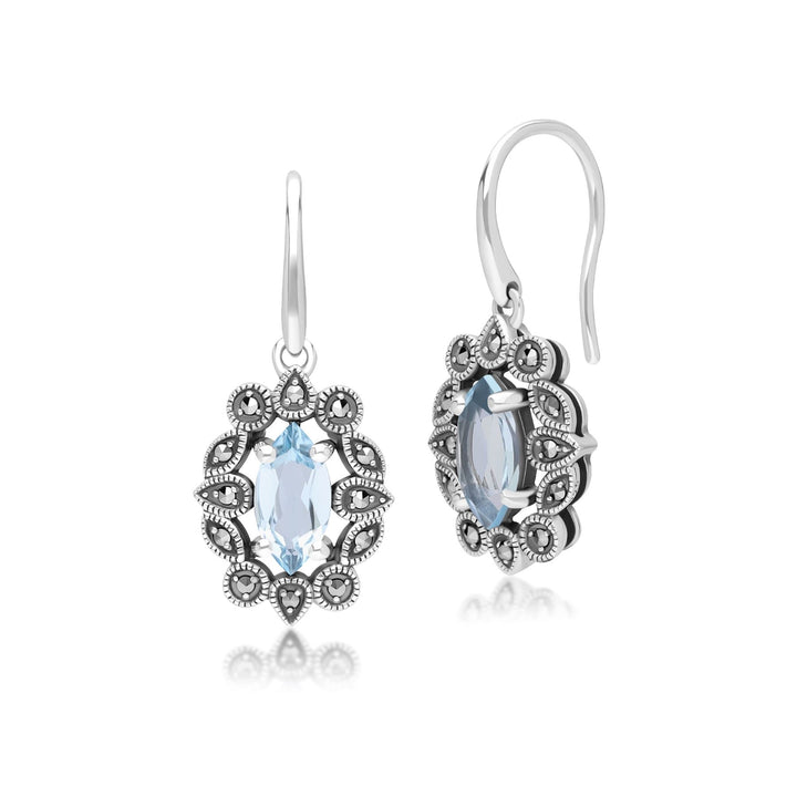 Marquise-Blautopas- und Markasit-Tropfenohrringe im Art-Deco-Stil aus Sterlingsilber