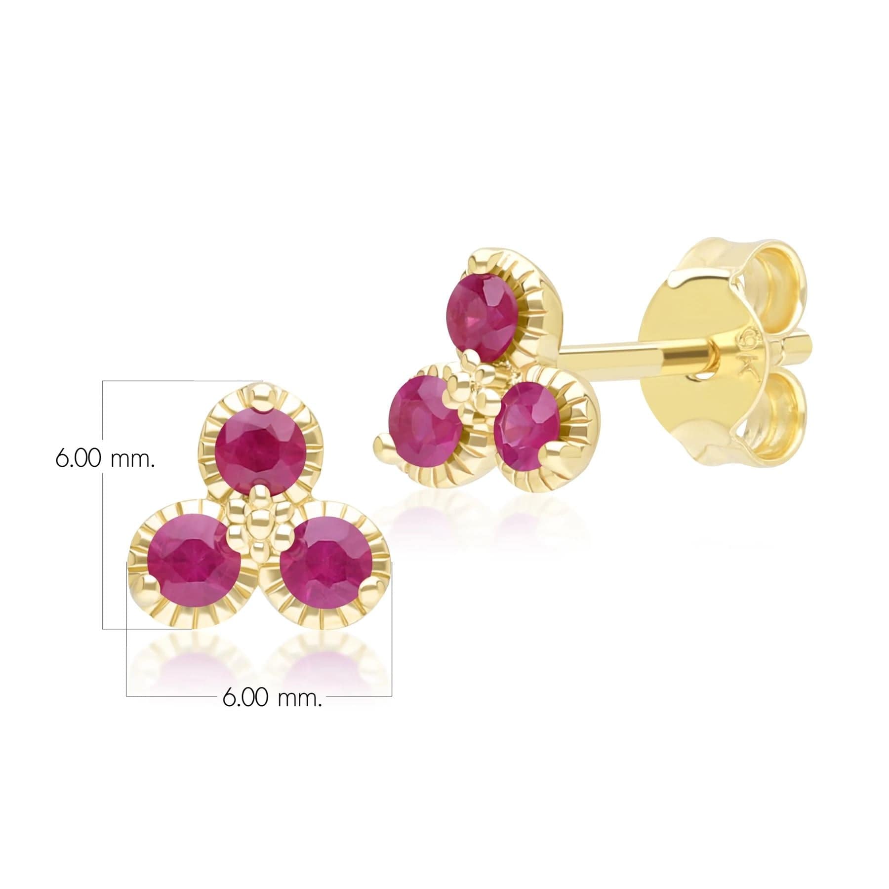 Florale Ohrstecker mit drei Rubinen, Gelbgold 9 Karat