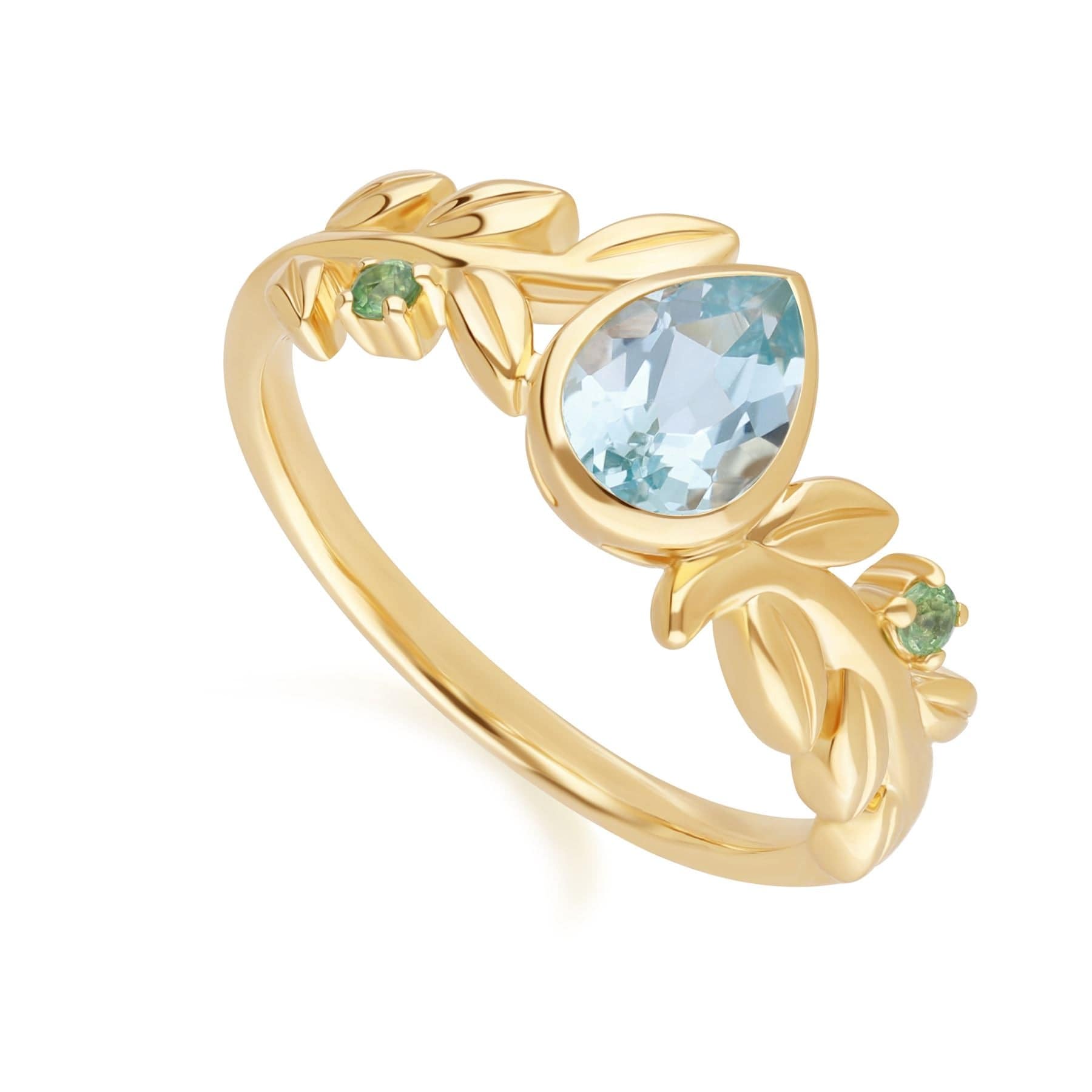 135R2091019 O Leaf Sky Blue topaz & Tsavorite Ring In 9ct Yellow Gold Side