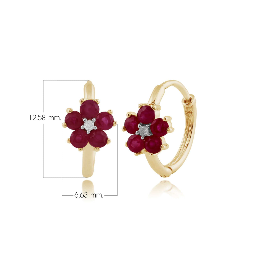 Florale runde Rubin- und Diamant-Creolen in 9 Karat Gelbgold
