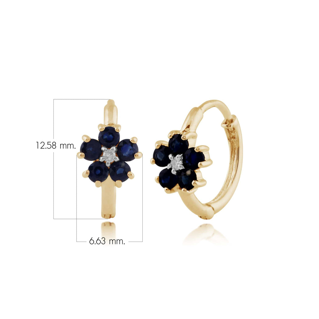 Florale runde Saphir- und Diamant-Creolen in 9 Karat Gelbgold