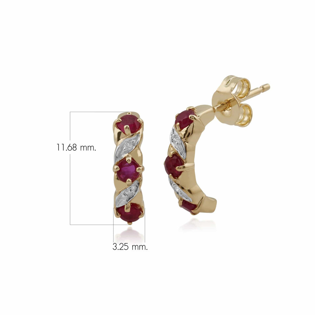 Halbe Creolen im Jugendstil mit Rubinen und Diamanten in 9 Karat Gold