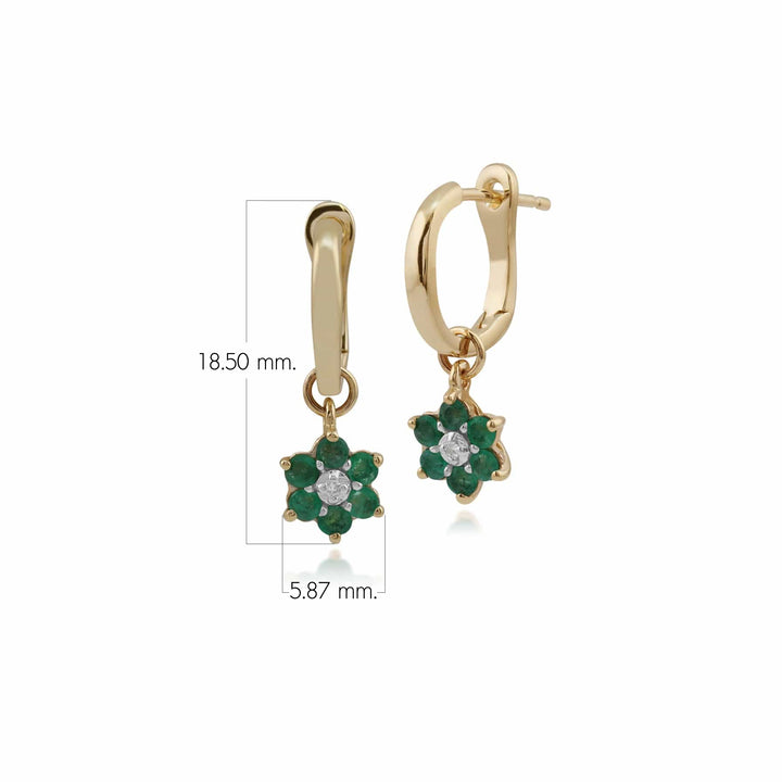 Florale runde Smaragd- und Diamant-Omega-Klipp-Creolen in 9 Karat Gelbgold