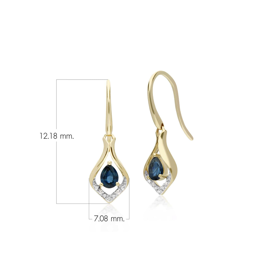 Klassische Birnen-Saphir- &amp; Diamantblatt-Halo-Ohrringe in 9 Karat Gelbgold