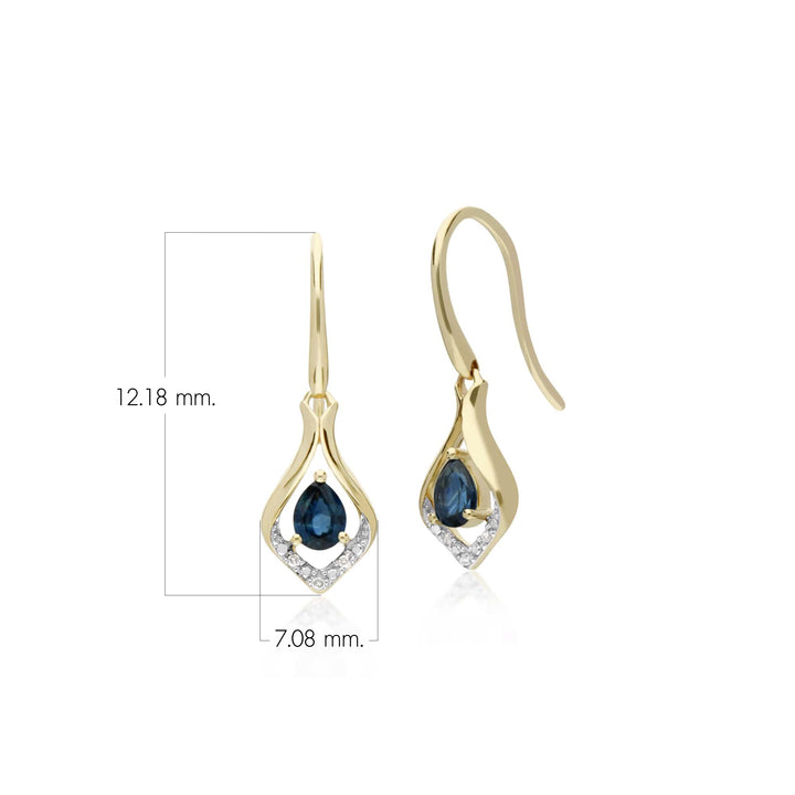 Klassische Birnen-Saphir- &amp; Diamantblatt-Halo-Ohrringe in 9 Karat Gelbgold