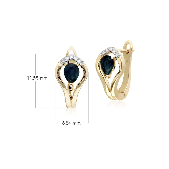 Klassische Halo-Ohrringe mit Saphir und Diamantblatt in 9 Karat Gelbgold