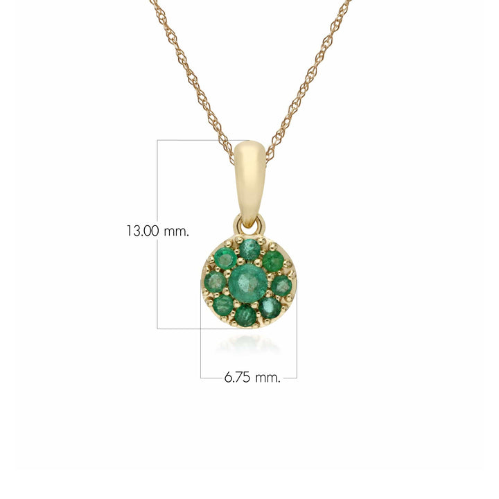 Cluster Round Smaragd Classic Anhänger und Kette in 9 Karat Gelbgold
