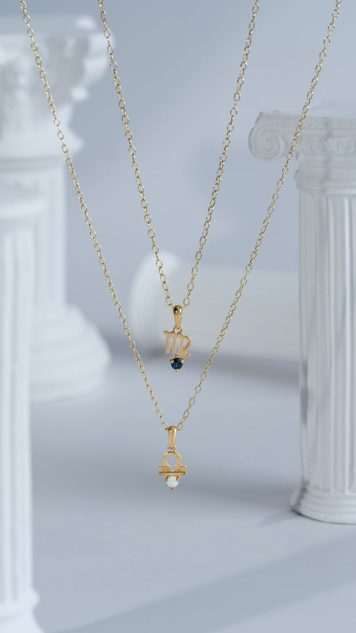 Opal Waage Zodiac Charm Halskette in 9 Karat Gelbgold