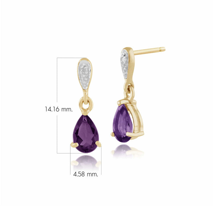 Klassische Tropfenohrringe mit Amethyst und Diamanten in 9 Karat Gelbgold, 6 mm x 4 mm