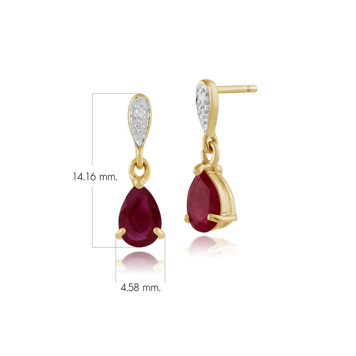 Klassische Birnen-Rubin- und Diamant-Tropfenohrringe in 9 Karat Gelbgold